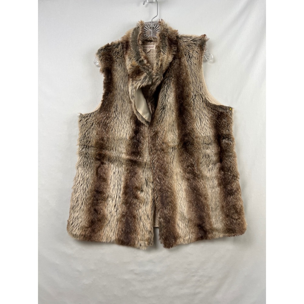 Song n Spirit Faux Fur Vest Women XXL Brown Tan Knit Back Boho Open Front Layer